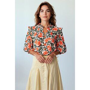 THML Womens Top M Floral Orange Blouse Ruffle Puff Sleeves Boho Chic Cottagecore